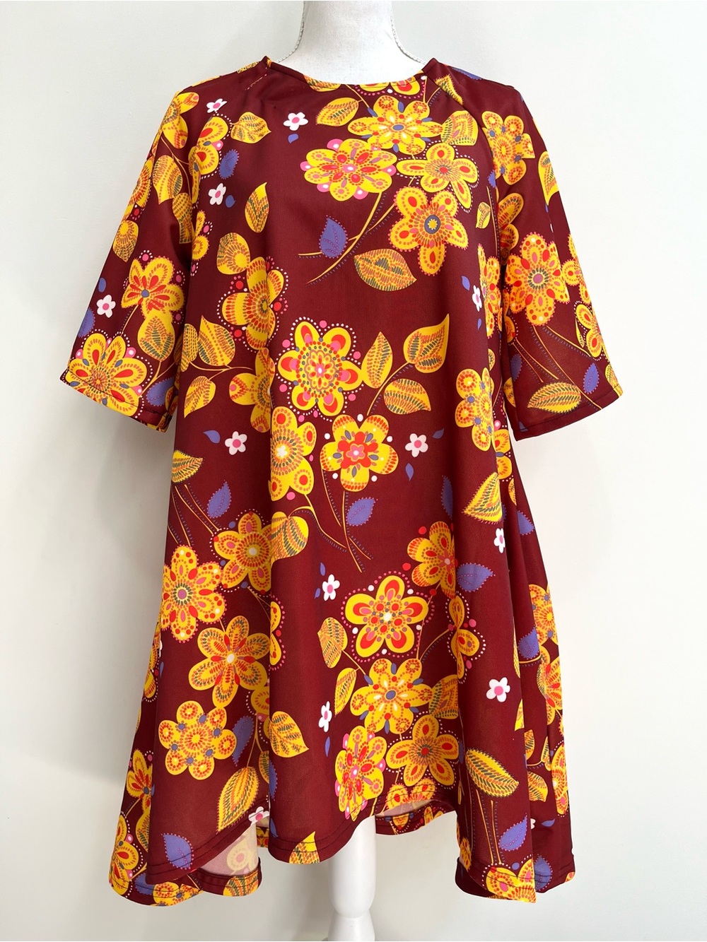 Vintage 60’s 70’s handmade retro swing dress short sleeve maroon yellow floral